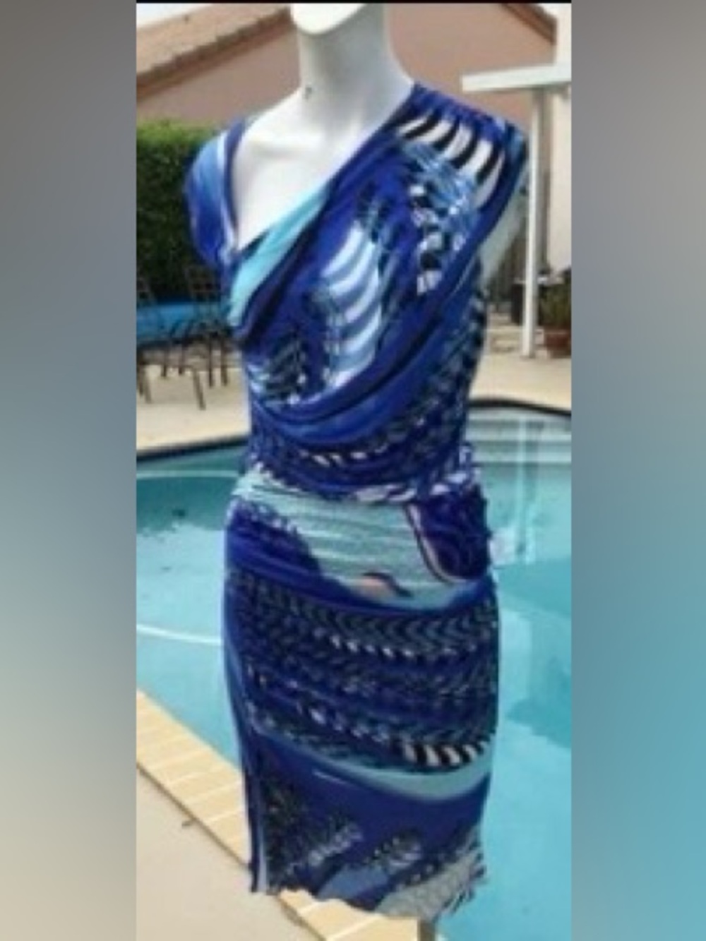 Emilio Pucci Blue Patterned Asymmetric Neckline, Side Split Sun Dress Sz. 10